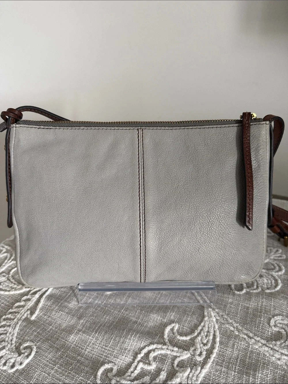 Fossil Two-Tone Fiona Leather Crossbody Bag in Brown and Light Gray